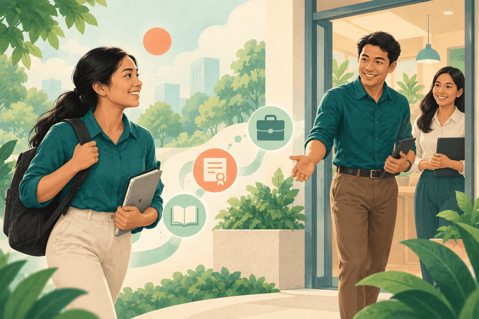 A prepared candidate approaching a welcoming workplace
